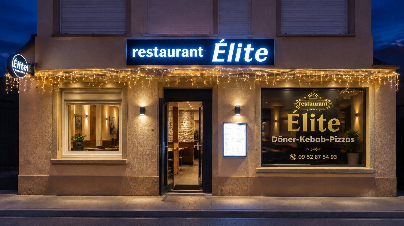 Façade illuminée du Restaurant Élite, 119 route de Colmar à Ingersheim